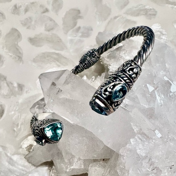 925 Sterling Silver Jewelry - Blue Topaz Sterling Silver Indonesian Design Hinged Cuff Bracelet❣️